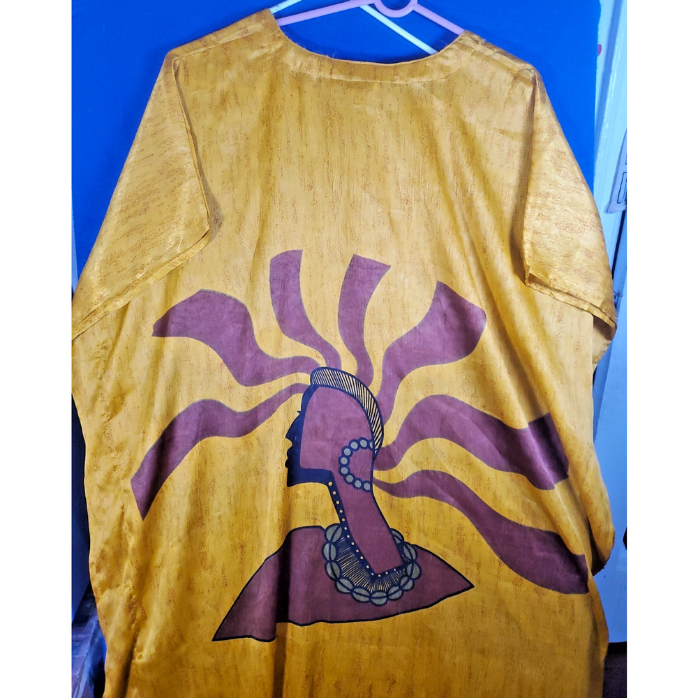 Vintage African Essence Kaftan Dress Womens One Size Yellow Afrocentric Graphic - Picture 8 of 14